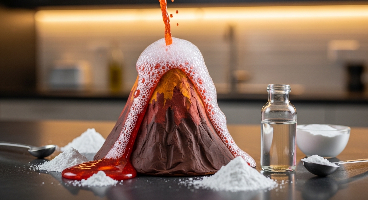 The mini volcano experiment: the reaction of vinegar and sodium bicarbonate