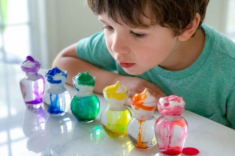 Involve your children in a rainbow-colored shaving foam experiment. 7 Travel Fun Ideas