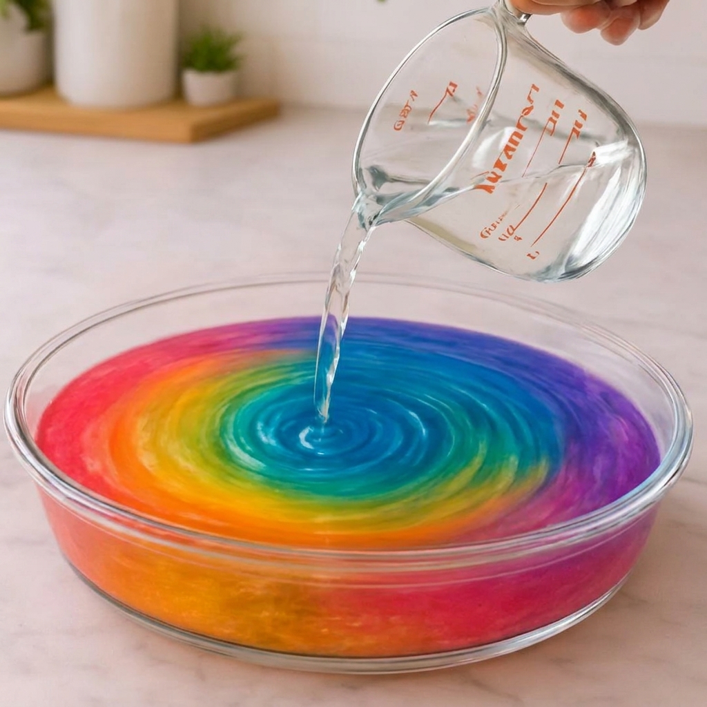 Involve your children in a rainbow-colored shaving foam experiment.