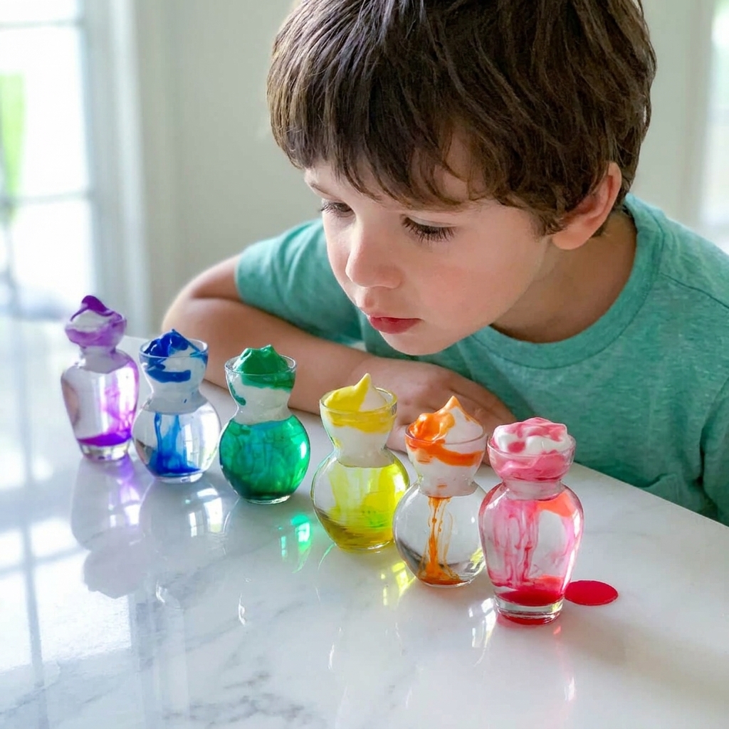 Involve your children in a rainbow-colored shaving foam experiment.