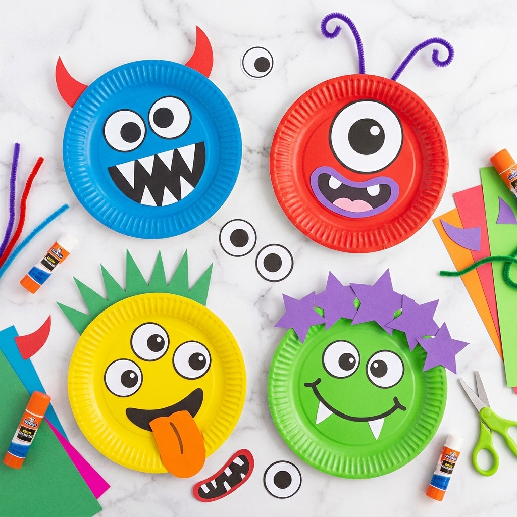 Monster masks made from paper plates