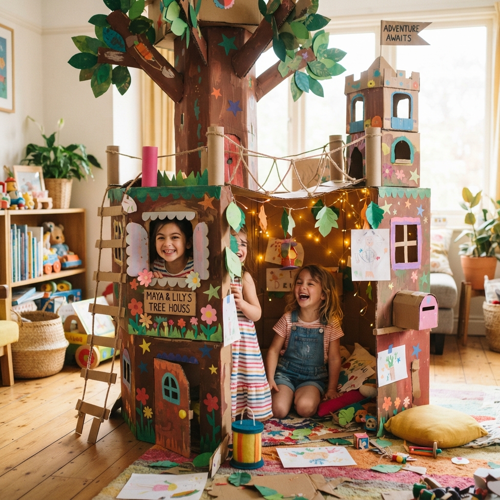 A cardboard tree house