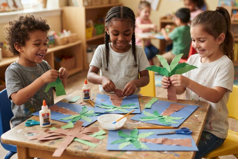 Creating a Palm Tree Art Activity from Torn Paper for Children