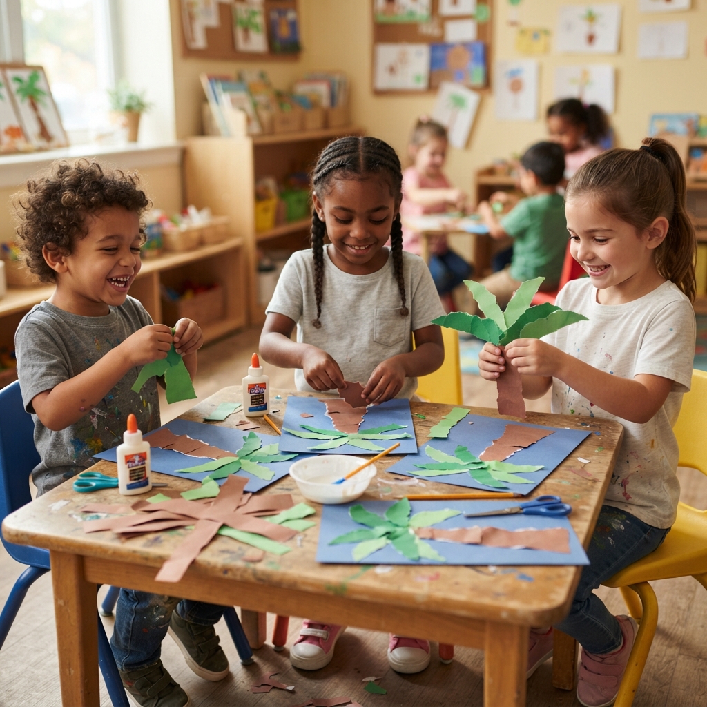 Creating a Palm Tree Art Activity from Torn Paper for Children