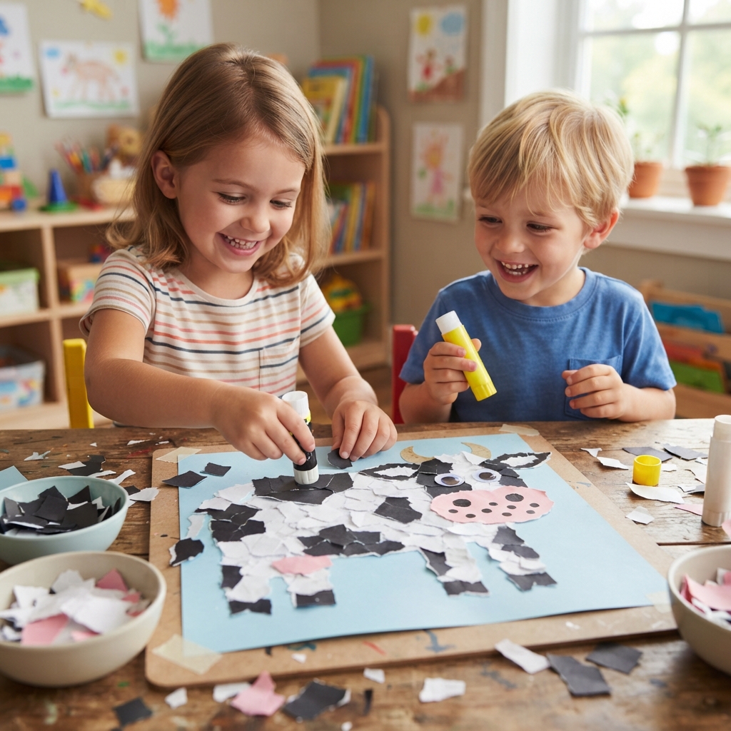 Making a Cow Out of Torn Paper for Children
