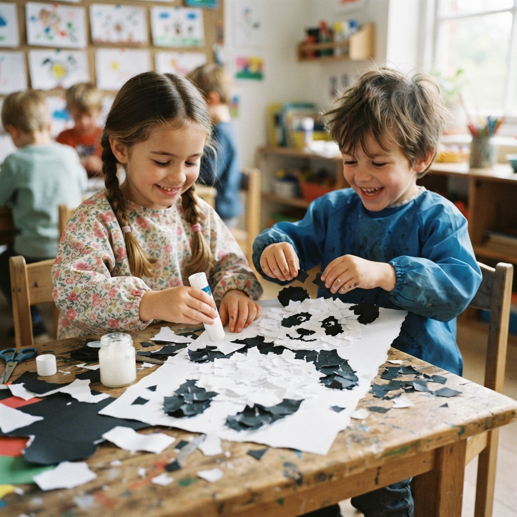 Making a Panda Out of Torn Paper for Children