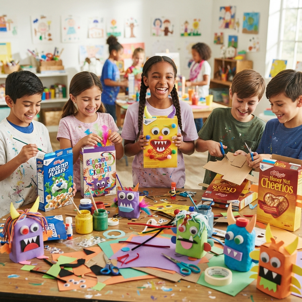 cereal box into a colorful, silly monster