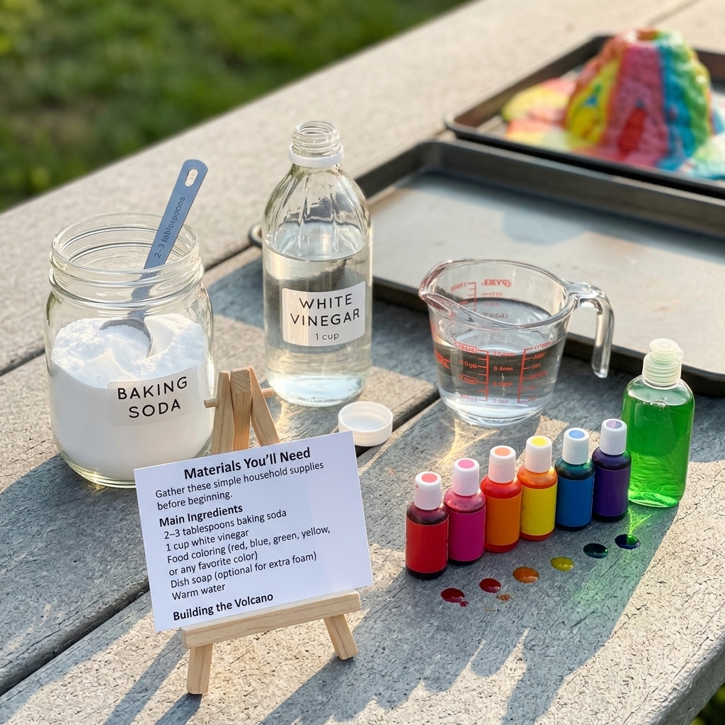 colored volcano using vinegar and baking soda