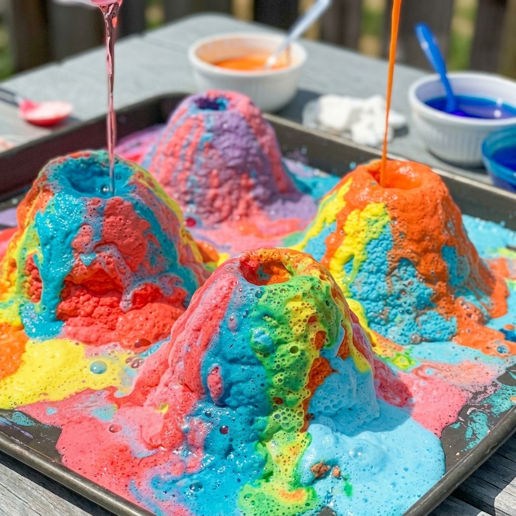 colored volcano using vinegar and baking soda