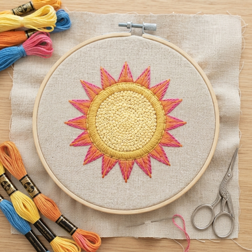 How to Make Colorful Sun Embroidery on Fabric