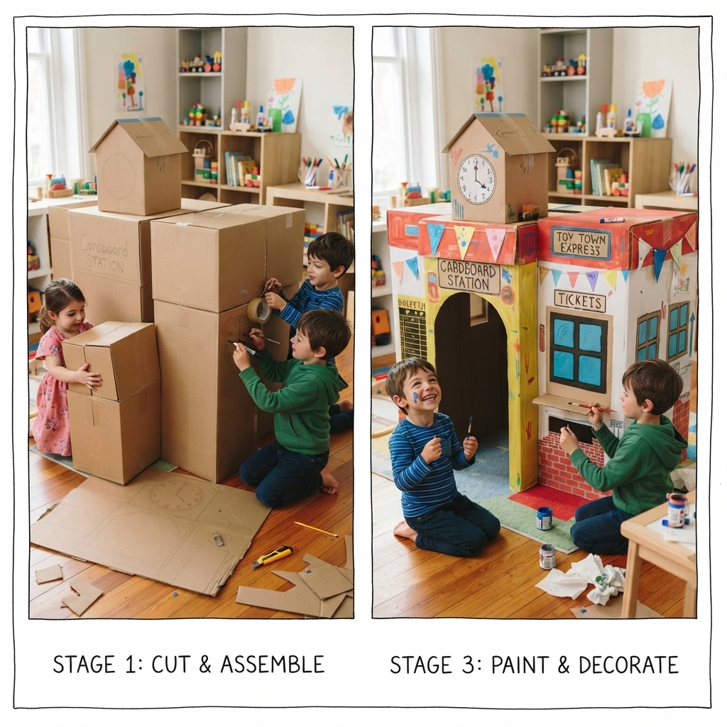 cardboard train station