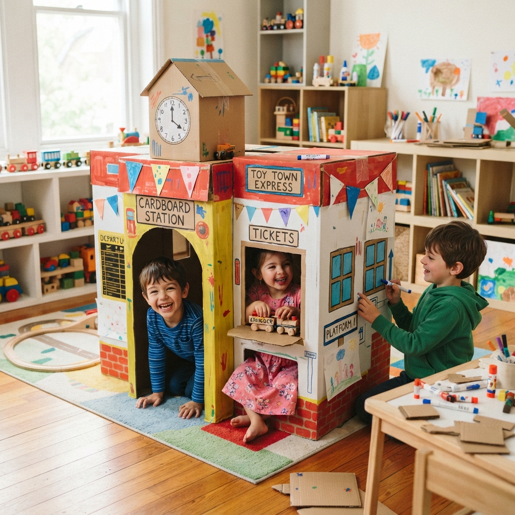 cardboard train station
